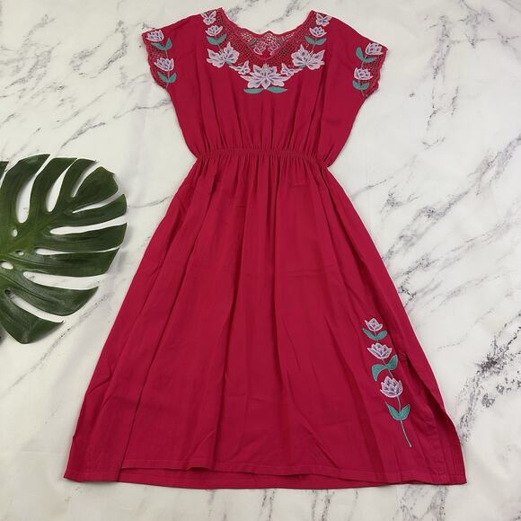 Globe Trotter Womens Vintage 80s Sundress Size M Pink Purple Embroidered Floral - Picture 1 of 11